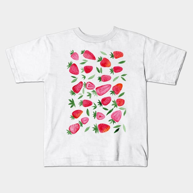 Watercolors strawberries - red and green Kids T-Shirt by wackapacka